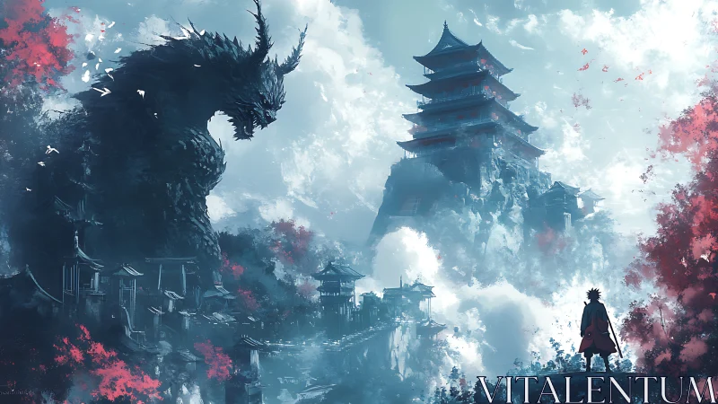 Figure observes mountain fortress and large dragon form