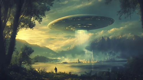 Giant luminous UFO hovers over lake as lone figure observes