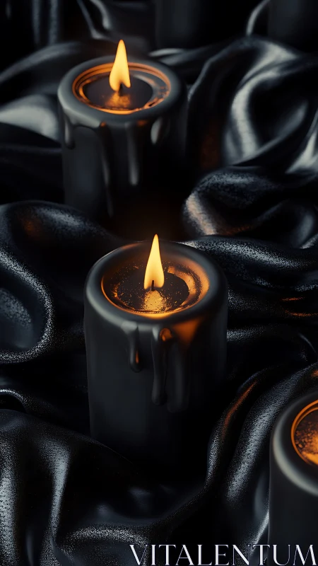 Black pillar candles burn on glossy draped black fabric