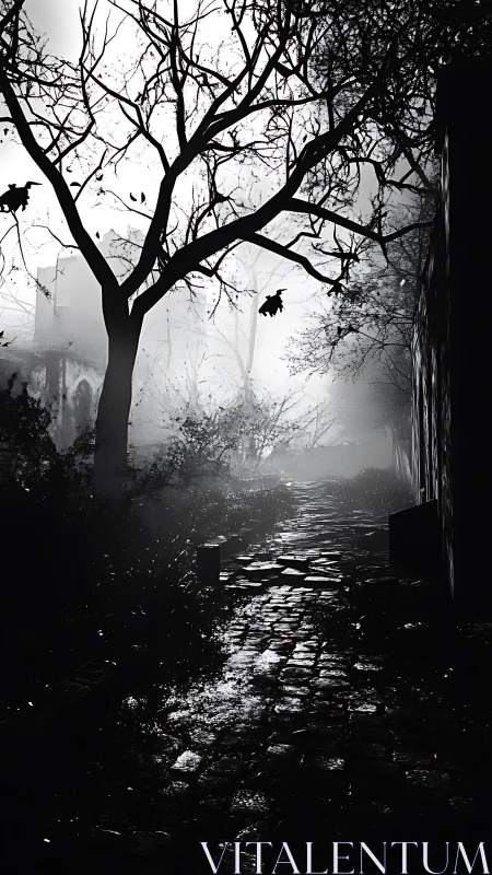 High-contrast cobblestone path recedes into dense atmospheric fog