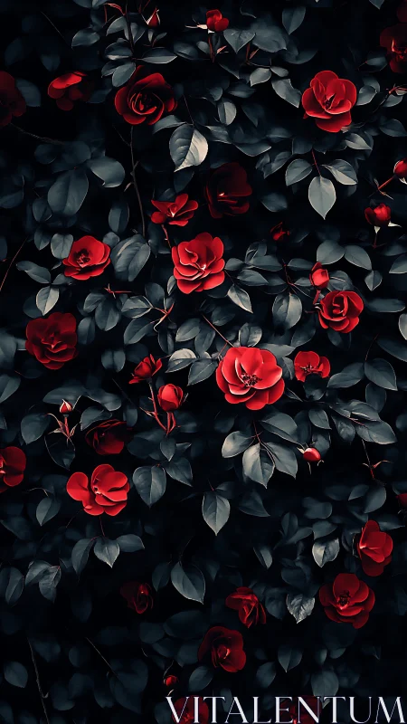 Crimson Blooms Against Midnight Foliage.