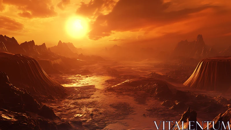 Blazing alien sunset pours golden light over rugged canyons