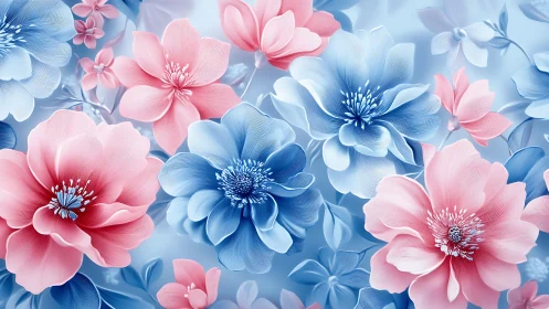 Layered floral composition with pink and blue peony morphologies in soft relief rendering.