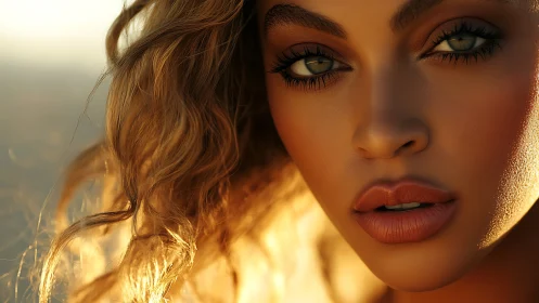 Sunlit close-up portrait with golden curls and vivid gaze.