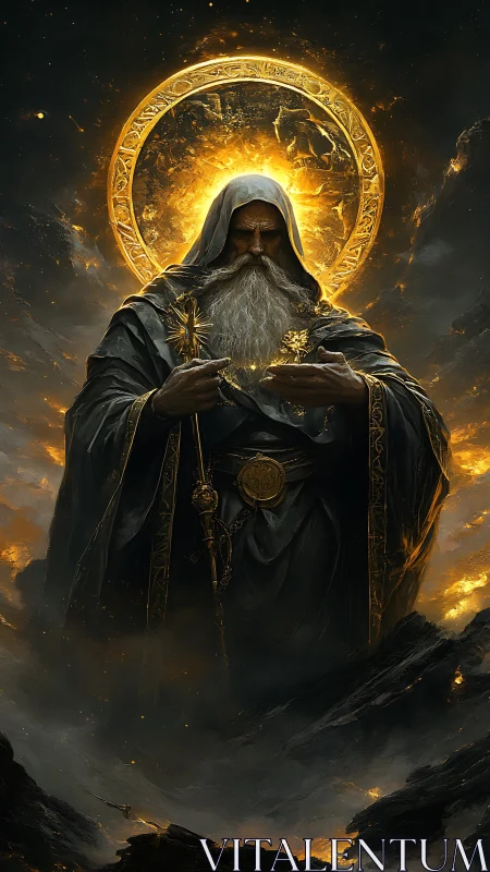 Elder mage crowned by molten halo in volcanic twilight.