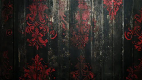 Crimson baroque flourishes on shadowed wooden panels glow darkly.