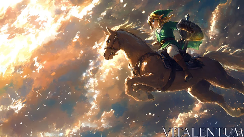 Skybound hero rides sunlit steed through painted clouds.