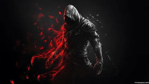 Hooded dark assassin figure with red energy shattering