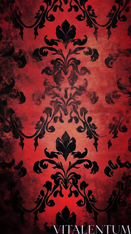Red textured background with black symmetrical damask pattern.