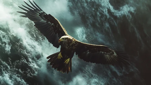 Majestic Bald Eagle Soaring Over Turbulent Ocean Waves, Dramatic Art.
