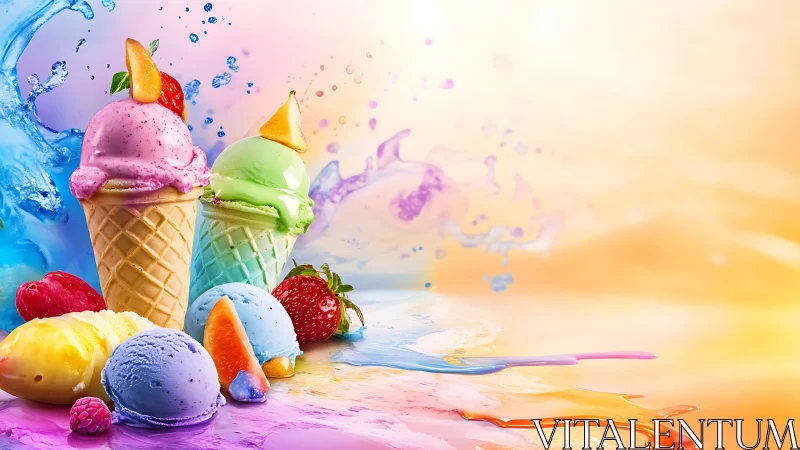 Vibrant fruit ice cream cones splash with neon color gradients.