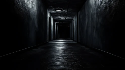 Dimly lit concrete corridor fades into eerie darkness.