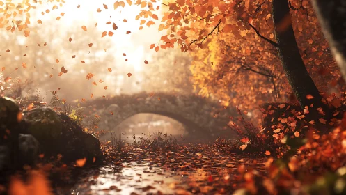 Golden autumn bridge over misty creek in soft focus.
