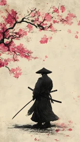 Silhouetted rōnin beneath dynamic ink-washed cherry blossoms.