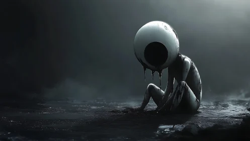 Eyeball-headed humanoid figure crouches on wet cracked ground