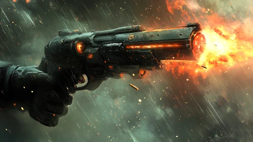 Blazing sci fi revolver roars through storm and sparks