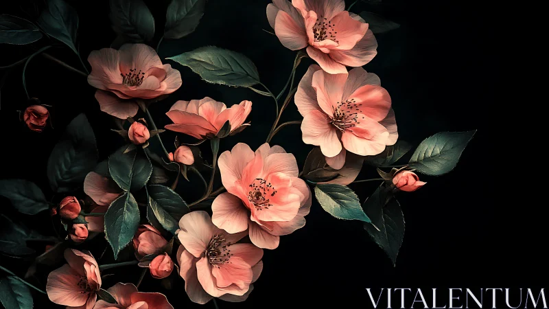 Coral Roses on Black: Delicate Blooms with Dramatic Contrast