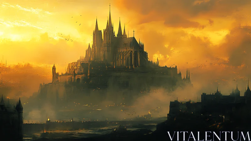 Gothic citadel cathedral in sulfurous dusk atmospheric haze