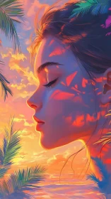Sunlit profile portrait in tropical chromatic sunset glow.