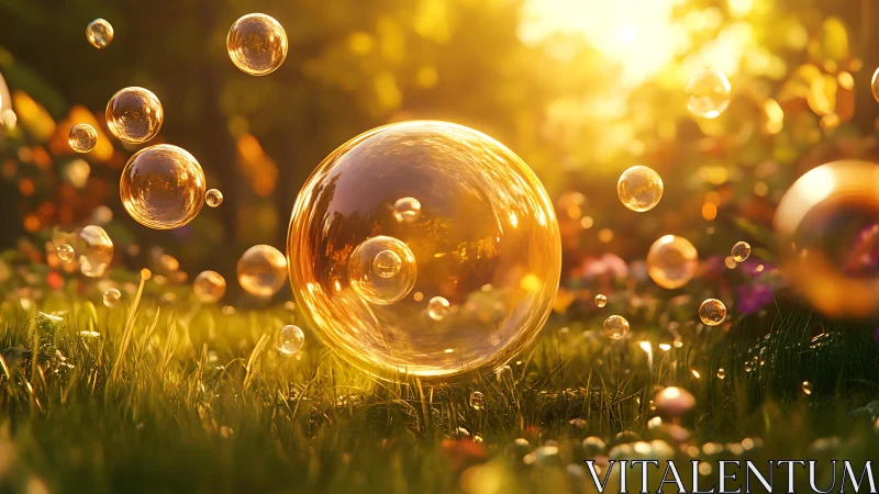 Golden bubbles drift through sunlit garden grass at sunset