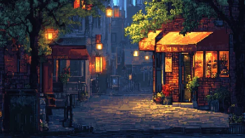 Pixel street corner glows with warm nostalgic evening light.