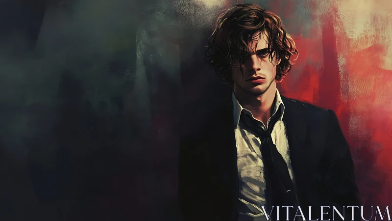 Disheveled suited figure against turbulent chromatic background.