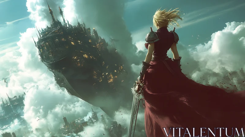 Figure with sword observes airborne fortress amid dense clouds