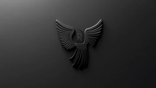 Glossy black winged emblem with Rolls-Royce logo on dark background.