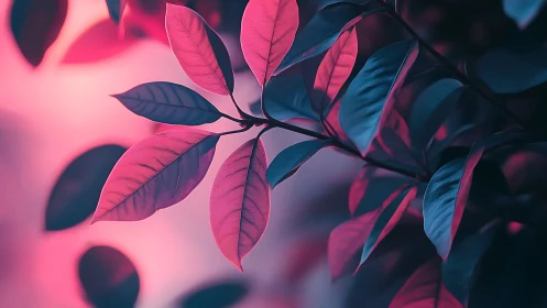 Vibrant Botanical Leaves in Pink and Blue Artistic Lighting.