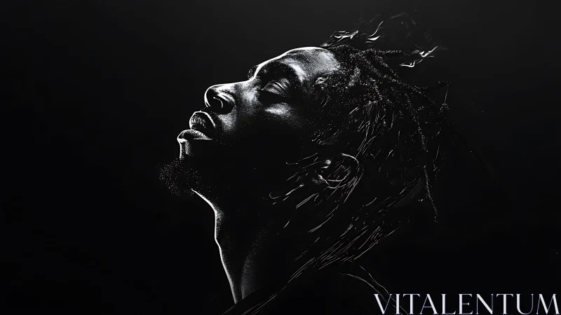 Profile portrait isolates luminous face against deep black