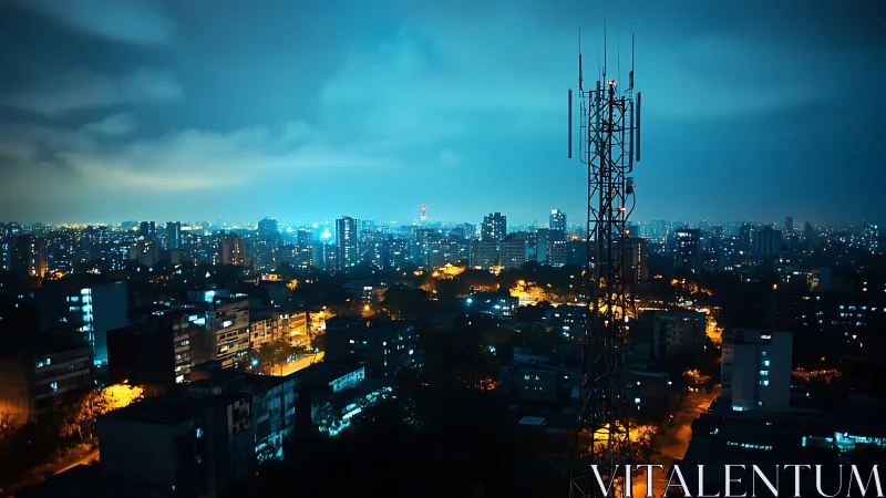 Cell tower dominates blue lit city skyline under night clouds