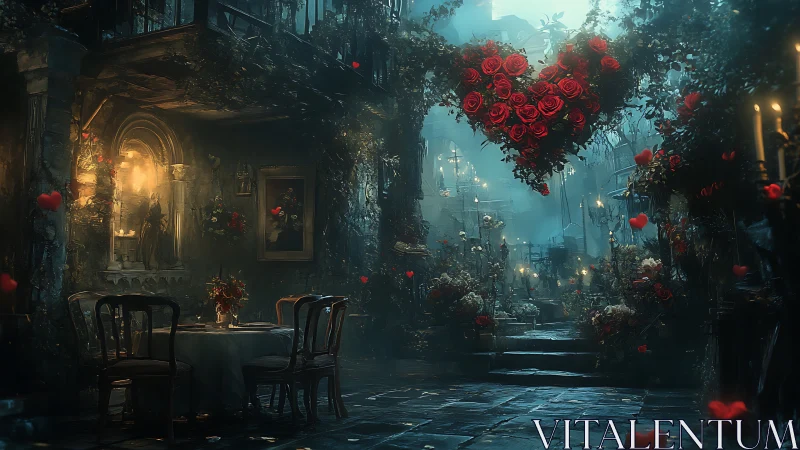 Gothic Courtyard Dining Room Draped in Crimson Roses.