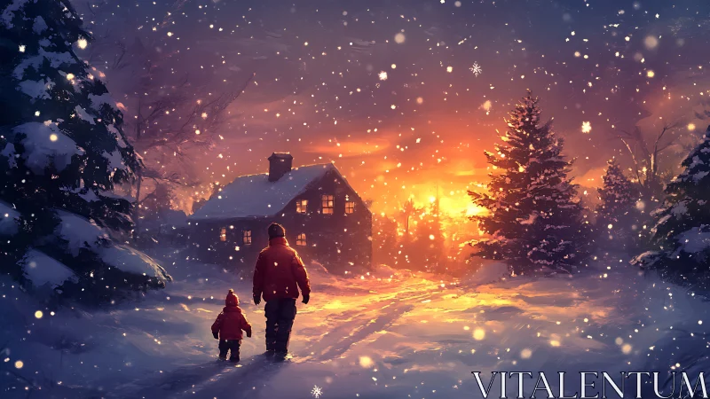 Winter landscape with cabin, sunset sky and two figures.