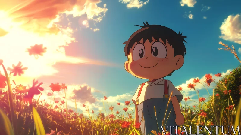 Smiling cartoon boy standing in sunlit flower meadow.
