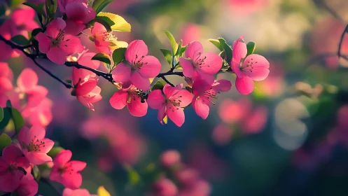 Spring blossoms glowing in dreamy sunset bokeh light.