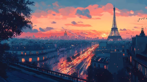 Sunset traffic stitches glowing threads through painted Paris