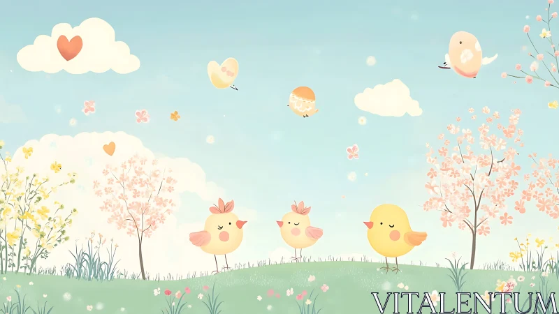 Pastel spring meadow with stylized chick flock beneath clouds