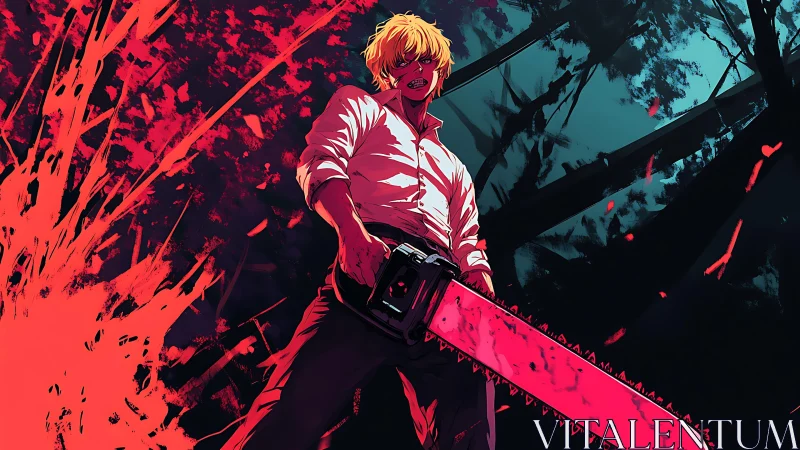 Blood-drenched chainsaw rebel howls beneath neon forest sky.