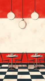 Interior view depicts red and white diner tables and lighting