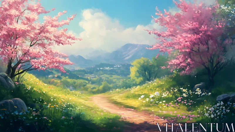 Gentle spring path winds between cherry trees in soft bloom