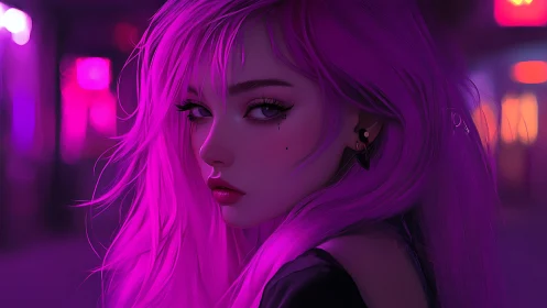 Neon lit girl portrait with vivid magenta hair at night.