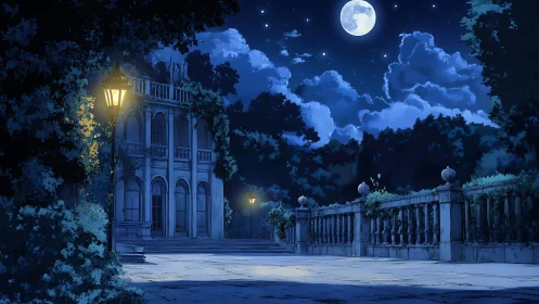 Moonlit neoclassical terrace with glowing garden lanterns.