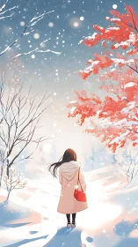 Girl in winter landscape with falling snow and red foliage.