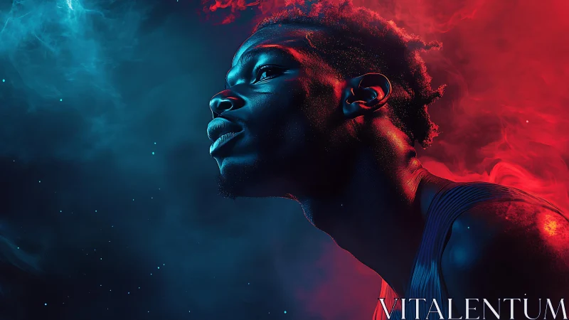 Cyberpunk portrait in dual-tone neon atmospheric lighting.