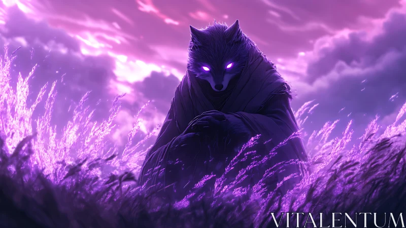 Shrouded fox spirit in glowing violet twilight field.