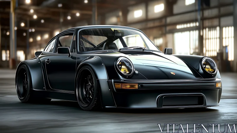 Widebody black 911 rendered with high-gloss shaders in soft warehouse light