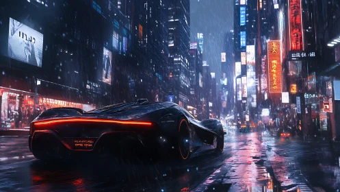 Futuristic hypercar cuts through neon rain in cyberpunk megacity
