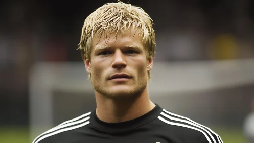 Photorealistic portrait of soccer goalkeeper in shallow focus.