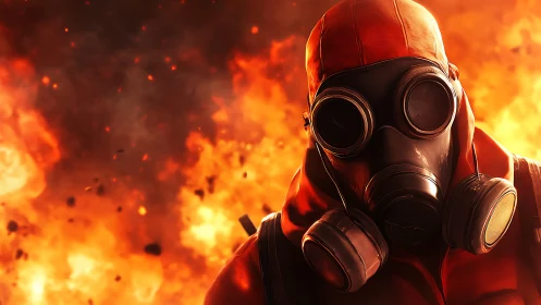 Figure in Gas Mask Against Fiery Background