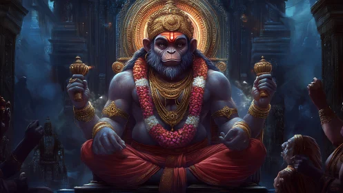 Regal monkey deity in glowing temple of midnight devotion.